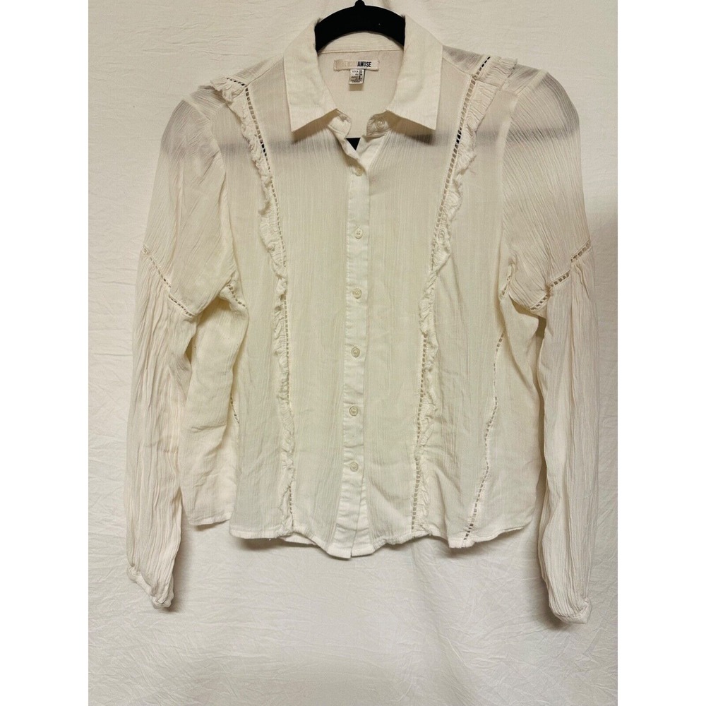 Amuse Society Top White Button Down Blouse Size XS Ruffles Long Sleeves Collared